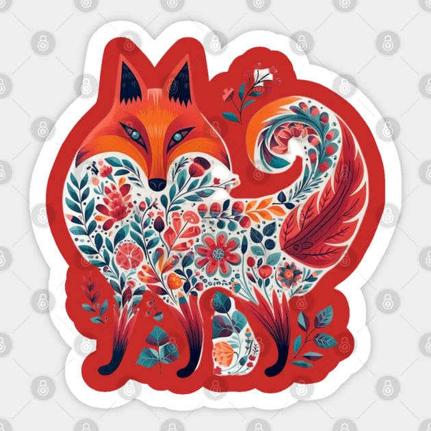 A Fox in Scandinavian Folk Art Style Sticker by Studio Red Koala